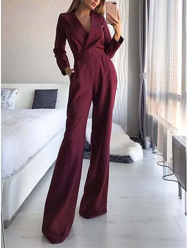  Dámské Běžný Kombinéza Elegantní Pevná barva Dlouhý rukáv Do V Kapsy Vysoký pas Kancelář Práce Běžný Černá Bílá Fialová Léto
