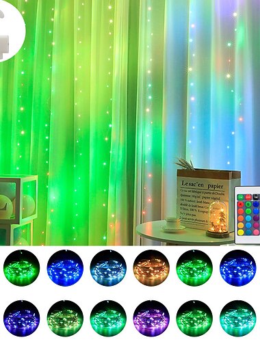  Luzes de Cortina de Janela Mudança de Cor 3M x 3M USB Alimentado Luzes de Cordão Pendentes com Controle Remoto para Quarto Casamentos Decoração de Parede - 16 Cores