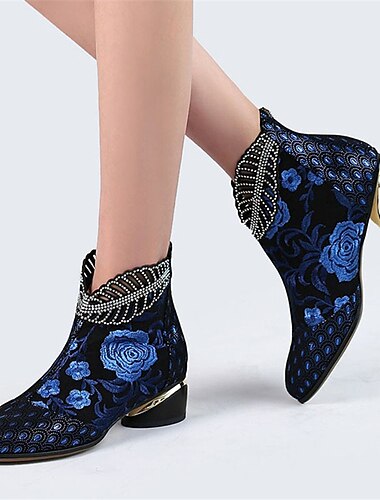  bottines à talons en jacquard floral ornées de strass pour femmes - talons en velours bleu élégants pour les événements en soirée