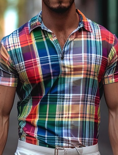  Per uomo Plaid Polo Maglia da golf Manica Corta Magliette polo Camicie con Colletto Casual Abbigliamento da vacanza Abbigliamento Formale Abbigliamento da festa Bottoni Stampa 3D Giallo Rosso Verde
