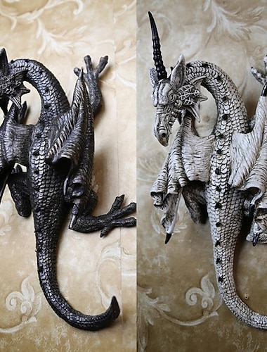  角のあるドラゴンの壁の彫刻、ポリレジン、灰色の石、ゴシック &アンプ;中世の装飾、デスクトップと棚の装飾、男性への装飾オフィスギフト。