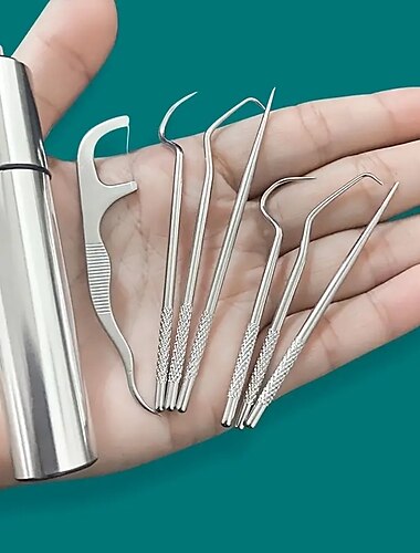  juego de bolsillo de palillos de dientes de acero inoxidable palillo de hilo dental portátil kit de limpieza de dientes de palillos de dientes de metal reutilizable con soporte de llavero para picnic