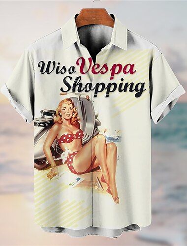 Herren Buchstabe Grafik-Drucke Vintage Pin-up-Girl Hemd Vintage Hawaiihemden Kurze Ärmel Hemd Umlegekragen Outdoor Strasse Aprikose Schwarz Rosa Grau Bedruckt Bekleidung Vintage Modisch Strassenmode
