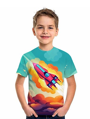  Jungen 3D Astronaut T-Shirt Kurzarm 3D-Druck Sommer Frühling Aktiv Sport Modisch kinderkleidung 3-12 Jahre Outdoor Täglich Innen Regular Fit