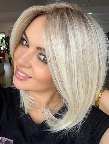  court platine blonde bob perruques pour les femmes blanches ombre blonde perruque avec des racines brunes chaleur droite synthétique perruque de fête quotidienne