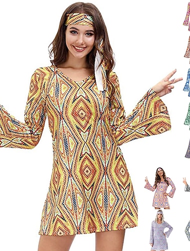  Retro vintage Hippie Jaren '70 Jurken Helm Flare manchet mouw Hippie Geometrisch Dames Maskerade Feesten & Uitgaan Prideparade Trots maand Volwassenen Kleding Hoofddeksels