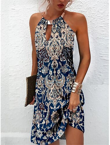  Dames Mini-jurk Etnische jurk Zomerjurk Jurk met halternek Jurk met print Etnisch Tribal Buiten Dagelijks Uitgaan Normale pasvorm Bloemig Tribal Mouwloos Halternek blauw Zomer Lente