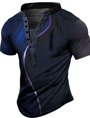  Herren Grafik Farbblock T Shirt Henley Hemd Vintage-Shirt Kurzarm 3D-Druck Mode Designer Lässig Outdoor Täglich Sport Sommer Schwarz / Grün Rosa Rote Marineblau Blau Stehkragen Henley T-Shirt