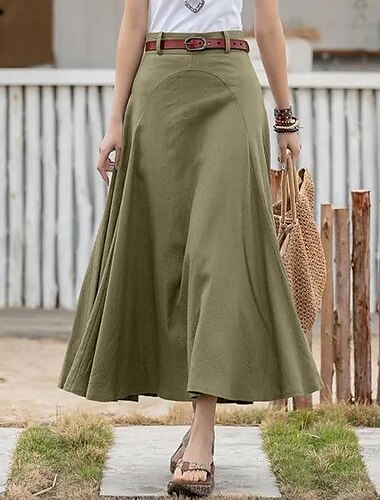  Women's Skirt Long Skirt Maxi Skirts Solid Colored Casual Daily All Seasons Linen Cotton And Linen Fashion Black khaki Army Green