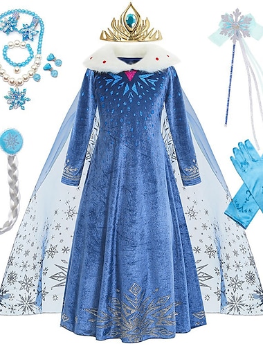  La Reine des Neiges Conte de Fée Princesse Elsa Reine des Neiges Robe de demoiselle d'honneur Robe de vacances Costume de soirée à thème Fille Cosplay de Film Cosplay Halloween Bleu Bleu (avec