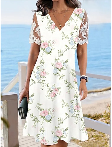  Robe mi-longue à imprimé floral en dentelle pour femme, col festonné, manches en dentelle, vacances quotidiennes, manches courtes, été, printemps