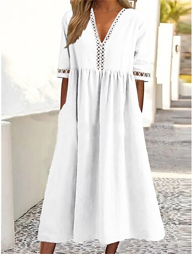  Damen Weiß Gelb Rosa Sommer Frühling Herbst Midikleid Baumwoll-Leinen-Kleider Freizeitkleid Schwingkleid Basic Klassisch Lässig Outdoor Urlaub Täglich Lässiger Schnitt Einfach V Ausschnitt