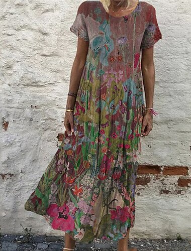 Damen Maxikleid Casual kleid Etuikleid Vintage Basic Urlaub Täglich Wochenende Regular Fit Blumen Kurzarm Rundhalsausschnitt Wein Blau Grün Sommer Frühling