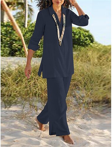  Damen Baumwoll-Leinen-Sets Zweiteiler Basic Casual Komfort Reine Farbe Hemd Hose Urlaub Zuhause Alltag Langarm Revers Schwarz Braun Khaki Dunkelblau Sommer Frühling