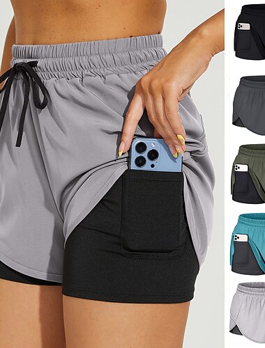  Mujer Pantalones Cortos Running Shorts de gimnasio Pantalones cortos de yoga 2 en 1 con bolsillo para teléfono Forro Prendas de abajo Deportivo Otoño Transpirable Secado rápido Suave Yoga Aptitud