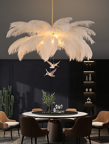  led suspension lustre magnifique extra large 60cm 3 lumières blanc plume d'autruche bouquet suspension romantique monté luminaire pour restaurant chambre