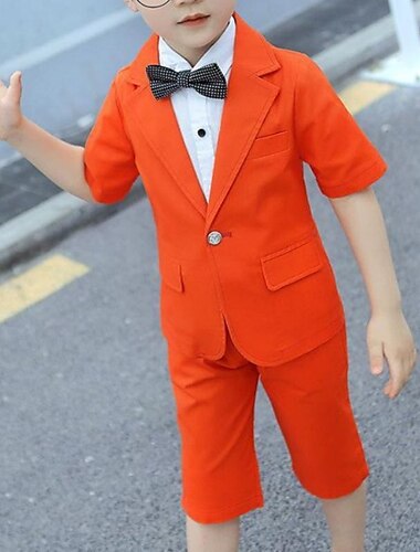  3 Stück kinderkleidung Jungen Anzug & Blazer Shirt & Shorts Outfit Feste Farbe Kurzarm Baumwolle Set Casual Modisch Cool Sommer Frühling 7-13 Jahre Schwarz Weiß Blau