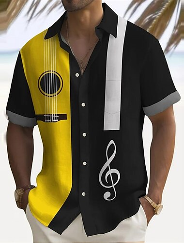  Voor heren Gestreept Muziek Gitaar Overhemd Overhemd met knopen Korte mouw Modieus Streetwear Ontwerper Dagelijks Uitgaan Weekend Zomer Lente Strijkijzer Afdrukken Geel Marineblauw Oranje