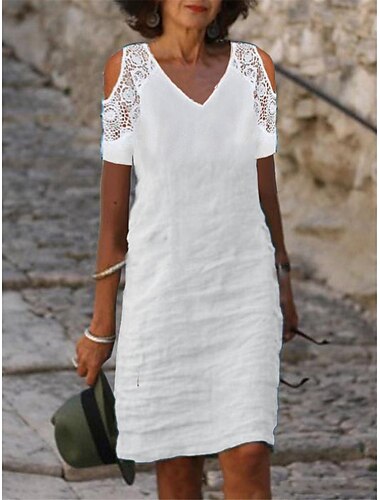  Mulheres Vestido branco Vestido de renda Vestido de algodão branco Vestido midi Linho Renda Patchwork Básico Casual Diário Decote V Manga Curta Verão Primavera Preto Branco Cor imaculada