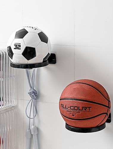  Estante de baloncesto sin perforaciones, almacenamiento de bolas montado en la pared, autoadhesivo, plegable, ahorrador de espacio, soporte de fútbol, estante de fútbol para el hogar