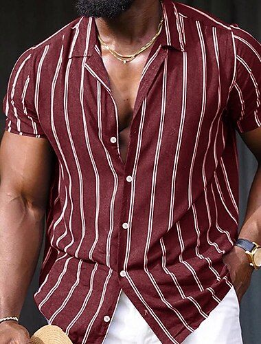  Herr Skjorta Sommarskjorta Casual skjorta Knapp upp skjorta Randiga skjortor Svart Rubinrött Blå Grön Kortärmad Randig Kavajslag Semester Gata Mönster Kläder Polyester Mode Fritid