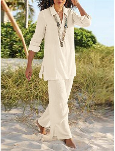  Ensembles en coton et lin pour femmes, ensembles deux pièces, basique, décontracté, confort, couleur pure, chemise, pantalon, vacances, maison, quotidien, manches longues, revers, noir, marron, kaki, bleu foncé, été, printemps