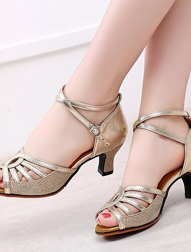  Gouden glitter latin dansschoenen voor dames – open hakken met bandjes en enkelbandje voor ballroom- en salsa-optredens