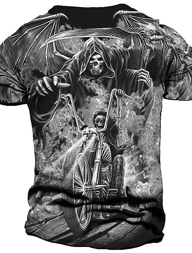  Herren Graphic Totenkopf Motiv Flamme Motorräder T Shirt Motorrad-T-Shirt Kurzarm T-Shirt 3D-Druck Rundhalsausschnitt Hemd Vintage Modisch Designer Outdoor Täglich Sport Blau Orange Grau Frühling