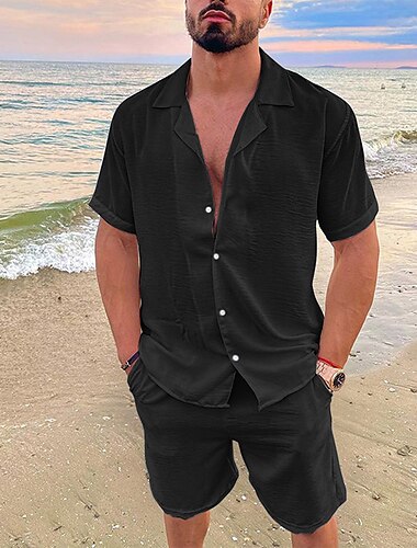  Herren Hemd Hemd aus Baumwollleinen Weißes Baumwollhemd 2 Stück Hemden-Set Sommer-Set Glatt Hawaiianisch Festtage Schwarz Weiß Blau Grün Kurzarm Kargen Frühling Sommer Bekleidung Tasche