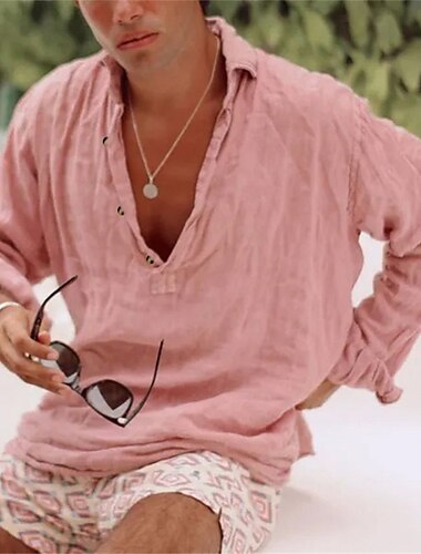  Voor heren Overhemd Zomer overhemd Normaal shirt Blozend Roze Lange mouw Effen Revers Dagelijks Vakantie Kleding Modieus Casual Comfortabel