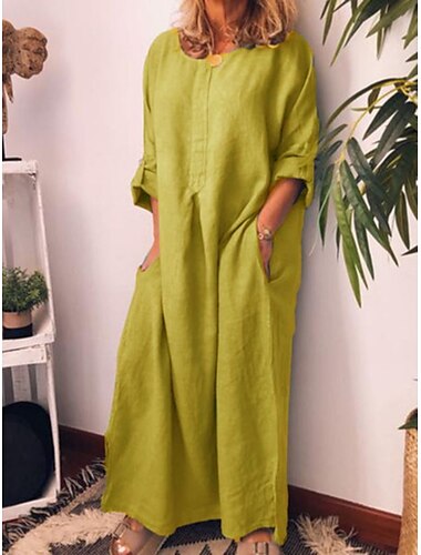  Damen Casual kleid Sommerkleid aus Baumwolle Maxidress Leinen Tasche Täglich Urlaub Rundhalsausschnitt Langarm Sommer Frühling Herbst Schwarz Gelb Glatt