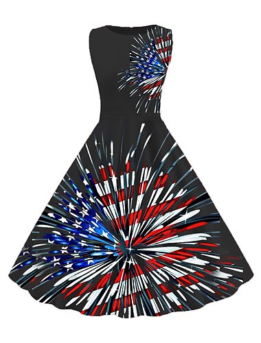  dames retro jaren 50 vintage thee jurken midi-jurk dagelijks datum ruches print amerikaanse vlag ronde hals mouwloos slank zomer lente 2023 zwart wit s m l xl