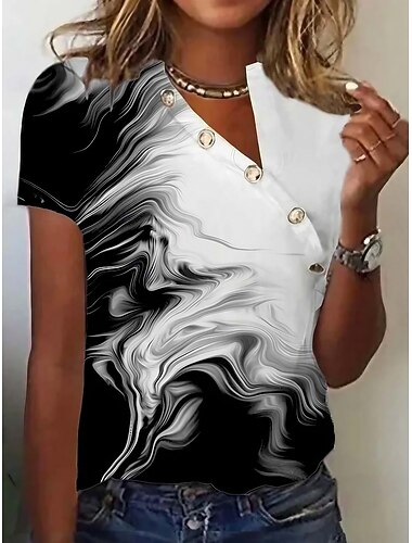  女性用 Tシャツ ハート グラフィック ベーシック 半袖 Ｖネック レギュラートップス 日常 週末 ボタン 切り抜き プリント ダックグレー