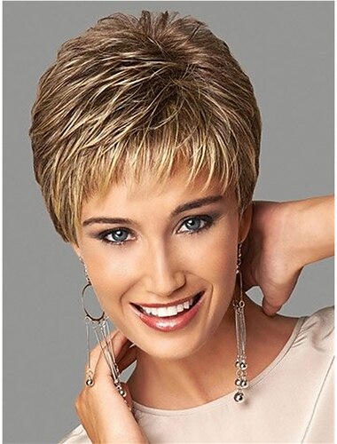  kurze dunkelbraun gemischte blonde Highlight Pixie Cut Perücken mit Pony synthetische geschichtete Perücken für Frauen natürliche Haarersatzperücken