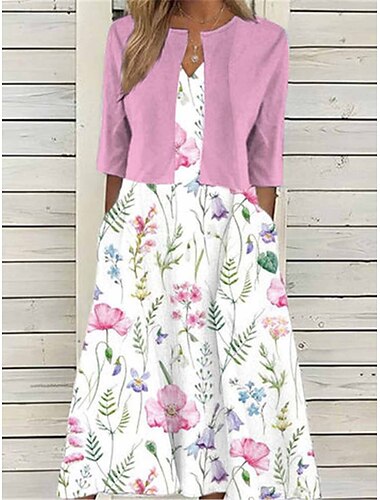  Mujer Conjunto de vestido de dos piezas Vestido informal Vestido Estampado Exterior Diario Elegante Moda Bolsillo Estampado Vestido Midi Escote en Pico Media Manga Floral Ajuste regular Rosa Azul