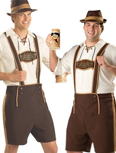  Carnaval Oktoberfest Costume Costume de cosplay Lederhosen Chemise Tenues Bavarois Munich Prairies Homme Festival Tissu de style traditionnel Chemisier Shorts Chapeau