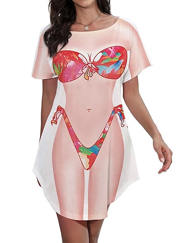 Damen-Bikinihemd-Vertuschungskleid lustiger süßer Bikinidruck für Badebekleidung Kurzarm 3D-Grafik Baggy-Badebekleidungsvertuschung
