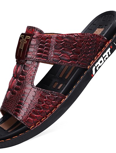  sandales à enfiler à motif crocodile bordeaux pour hommes – pantoufles à bout ouvert en cuir de luxe avec semelle antidérapante pour une tenue décontractée et estivale