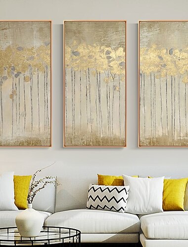  3 paneles de gran tamaño, la mejor imagen de arte de pared pintada a mano, paisaje abstracto de hojas doradas para la decoración del hogar de la sala de estar sin marco
