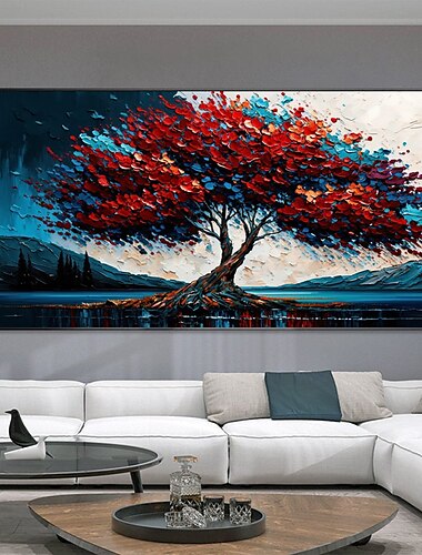  Handgefertigtes Ölgemälde auf Leinwand, Wandkunst, Dekoration, originelle bunte Baummalerei, abstrakte Landschaftsmalerei für Wohnkultur, mit gestrecktem Rahmen, ohne innere Rahmenmalerei