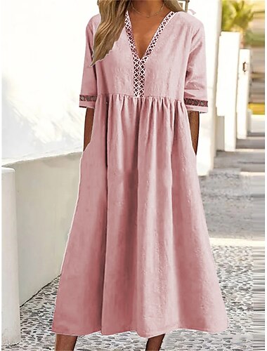  Mujer Blanco Amarillo Rosa Verano Primavera Otoño Vestido Midi Vestidos de lino y algodón Vestido informal Vestido de Columpio Básico Clásico Casual Exterior Vacaciones Diario Holgado Plano Escote en