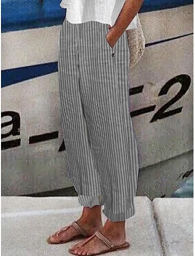  Mujer Pantalones de lino Pantalones anchos Lino Artificial Holgado Estampado Longitud total Blanco Verano
