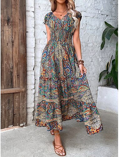  vestido largo de mujer vestido maxi vestido casual vestido swing vestido de verano floral paisley moda tribal casual al aire libre vacaciones diarias estampado fruncido manga corta vestido con cuello