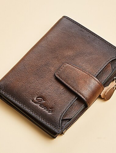  Portefeuille en cuir véritable pour hommes court vintage porte-cartes d'identité multi-fonction blocage RFID poche à pièces avec fermeture éclair. Offrez des cadeaux aux hommes pour la Saint-Valentin