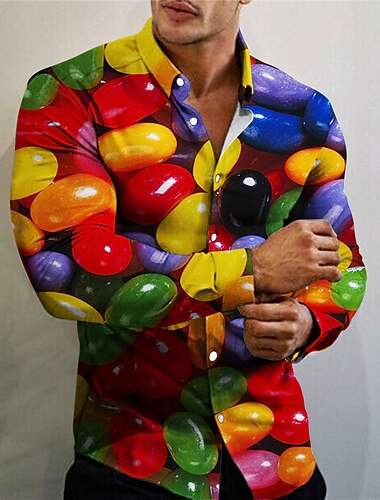  Homens Comida Camisa Social Manga Longa Moda Roupa de rua Designer Ao ar livre Diário Outono & inverno Aberto para a Lateral Imprimir Amarelo Vermelho Azul Arco-íris