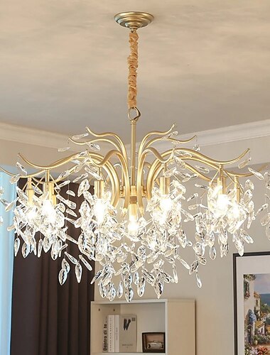  led kroonluchters moderne luxe, 23.5"/31.2" 6/9-licht goud/zwart kristal voor interieurs keuken slaapkamer ijzeren kunst boomtak lamp creatieve lamp licht 110-240v