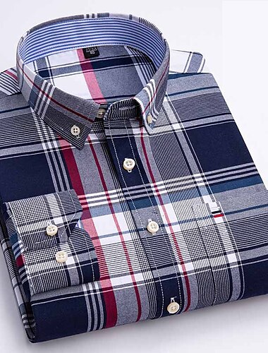  Herr Skjorta Button Down skjorta Icke-järnskjorta Oxford skjorta Ränder och pläd Bröllop Semester gråblå Rubinrött Blå Brun Långärmad Nedvikt Alla årstider Kläder Button-Down