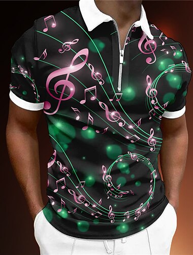  פסטיבל מוזיקה בגדי ריקוד גברים מוסיקה חולצות פולו עם רוכסן חולצת גולף שרוולים קצרים חולצות פולו חולצות עם צווארון יום יומי בגדי נופש בגדי פסטיבלים תלבושות למסיבה הדפסת תלת מימד רבע זיפ פולו