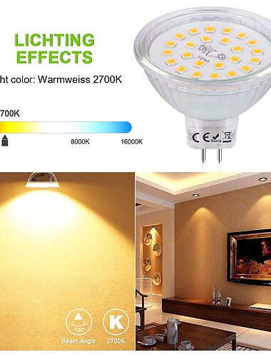  4 Pcs GU5.3 Mr16 LED Spotlight Bulb Warm White 3000K/6000K 4W Equivalent to 40W Halogen Lamp AC/DC 12V Non Dimmable
