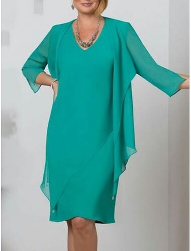 Strand Bruiloft Twee Delige Moeder van de Bruid Jurk Bruiloft Gast Elegante Simpele V-Hals Knie Lengte Chiffon 3/4 Lengte Mouw met Effen Kleur 2025 gratis op maat